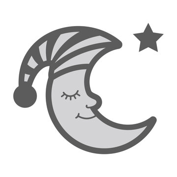 Sleeping moon face with jester hat and star in night sky symbol