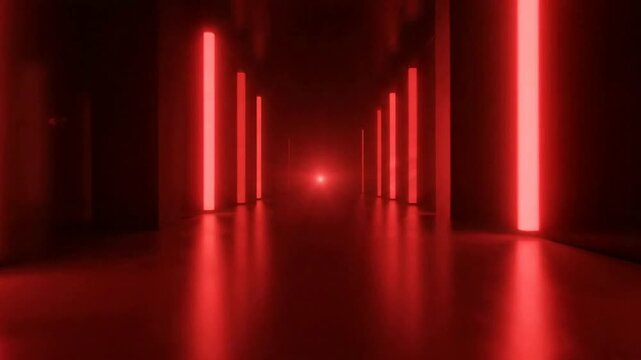 Futuristic corridor with glowing red neon lights, abstract sci-fi tunnel background, cinematic motion through dark tech hallway for digital presentations