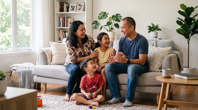 Happy Asian family sitting on sofa laughing together at living room home