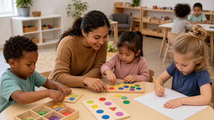 Obraz premium Teacher helping children with learning activity