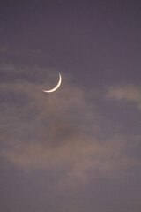 a thin crescent moon shining softly between wispy clouds during twilight © Alex Borderline