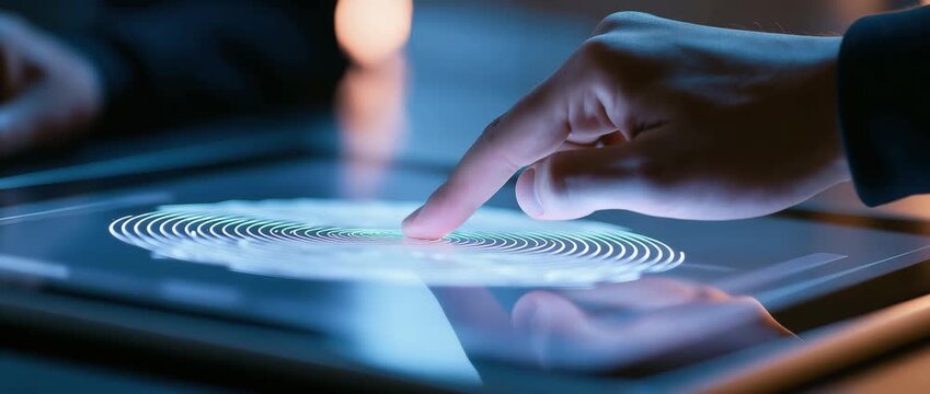 Male employes push sensors to record corporate attendance time and after work using fingerprint scanning.