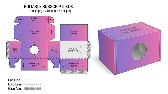 Editable subscription box packaging die cut template with gradient design