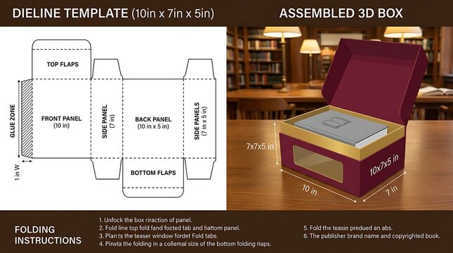 Dieline template packaging layout for custom cardboard box with assembled 3D view