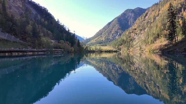 Scenery Jiuzhaigou national park in Sichuan, China. Beautiful of Panda Lake in Autumn season. Famous Landmark and Vacation near Chengdu, China. Asia travel concept