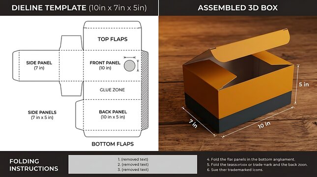 Flat dieline template and assembled three dimensional cardboard box design
