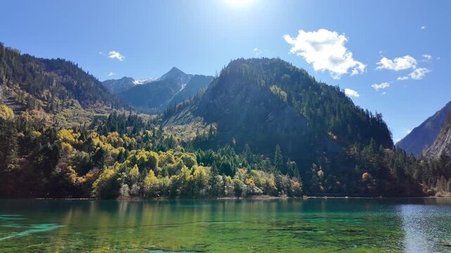 Scenery Jiuzhaigou national park in Sichuan, China. Beautiful Five Flower Lake in Autumn season. Famous Landmark and Vacation near Chengdu, China. Asia travel concept