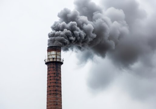 Industrial factory brick chimney stack emitting thick dark gray toxic smoke clouds