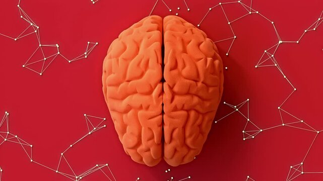 Brain orange color and connection simulation on red color. Minimal concept design. Animation seamless loop, 3D Render.