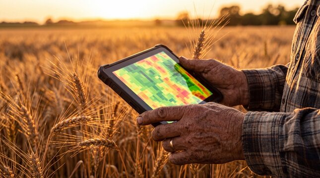 Farmer using digital tablet with crop health data in wheat field at golden hour