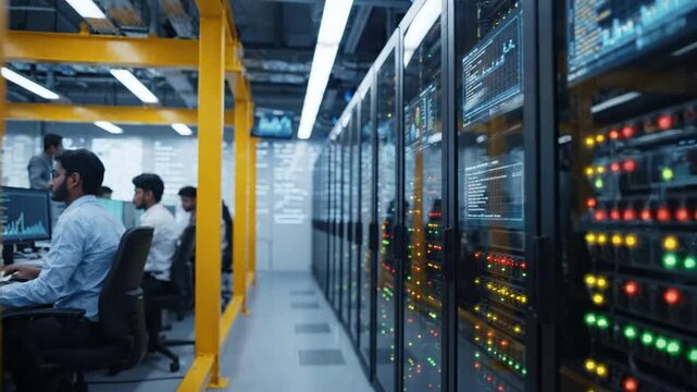 It professionals working in modern data center server room with blinking led lights and digital analytics dashboards on computer screens