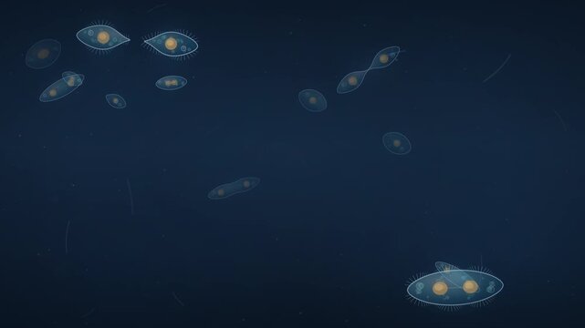 Protozoan cell dividing into two cells over dark water seamless loop