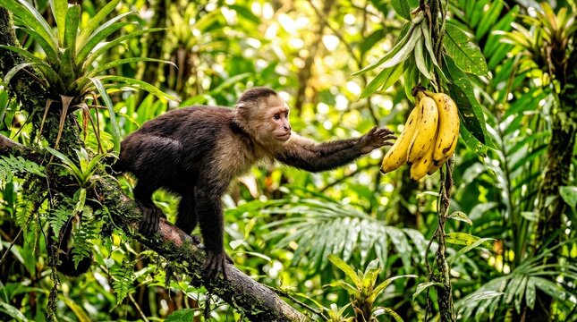 Curious Capuchin Monkey Reaching for Hanging Bananas in Lush Rainforest