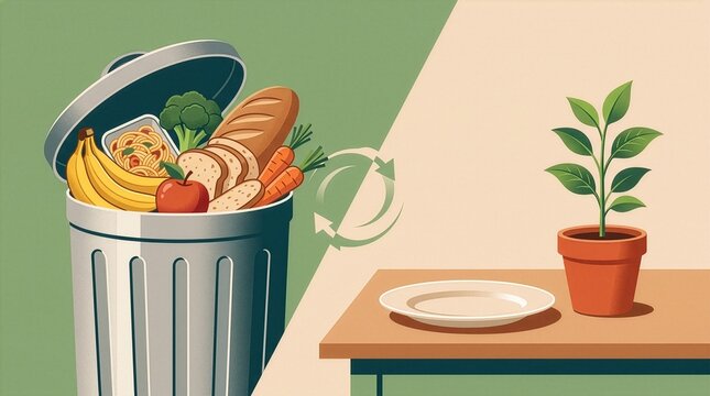 Food Loss and Waste Awareness Concept with Edible Food in Trash Bin, Empty Plate and Growing Plant, Sustainable Consumption
