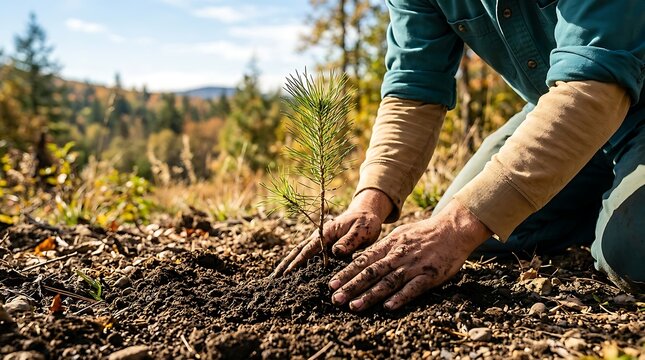 Person planting young tree sapling in fertile soil during golden hour outdoors