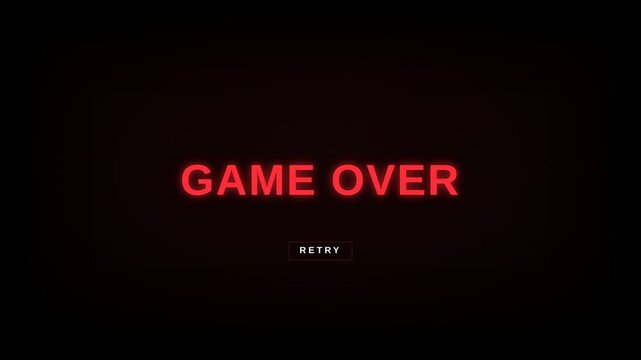 Glowing Red Neon Game Over Screen with Retry Button in 4K. Arcade Video Game Failure Interface and Esports Stream Overlay Animation.