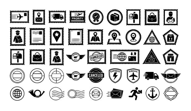 Postage stamp postal postmark silhouette vector collection black isolated icons