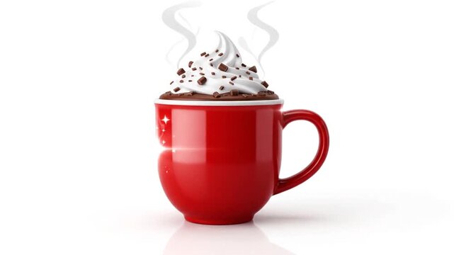 Hot Chocolate in Red Mug with Whipped Cream and Steam