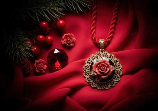 Vintage rose pendant necklace with ornate design isolated on white background