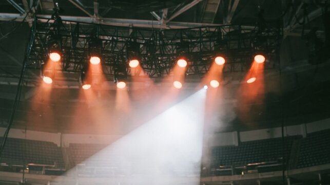 Teal truss rigging grid with glowing amber stage lights in a dim arena, featuring industrial metal textures for event production and concert promotion
