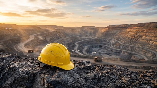 Yellow safety hard hat on rocky cliff overlooking deep open pit mining site at sunset