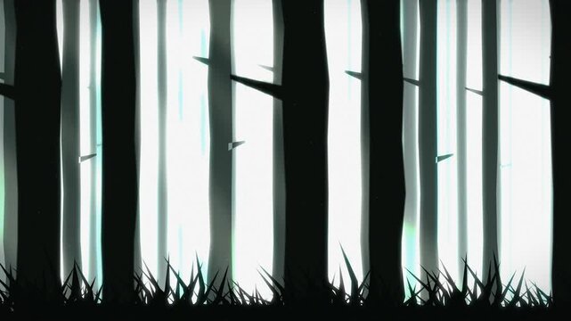 Silhouetted trees in abstract forest scene. 2d animation