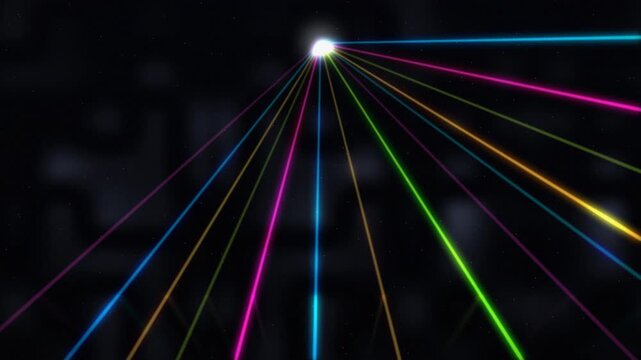 Colorful laser beams radiating from a central point. 3d rendering