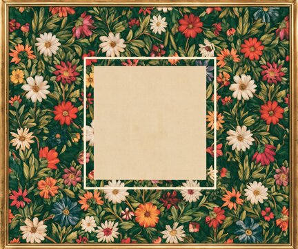 Embroidered floral textile with a central white square frame, featuring dense colorful stitching and a clean copy space for branding and design