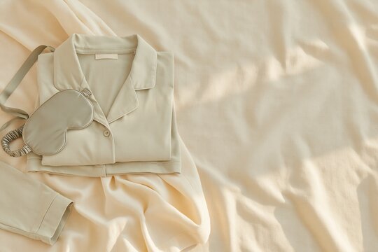 Folded pyjama set and satin sleep mask on rumpled linen bedding, featuring soft earthy tones and a cozy texture with copy space for lifestyle branding
