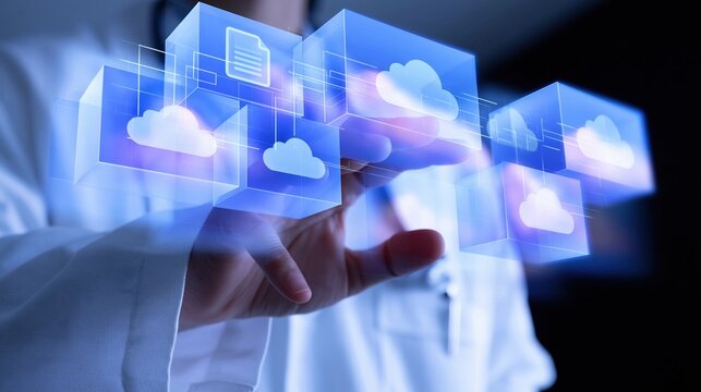 Doctor in a white coat interacting with a glowing holographic interface of medical records and cloud data for healthcare technology marketing