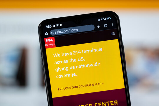 Johns Creek, United States - 02 August 2026: Close-up of SAIA homepage on a smartphone.