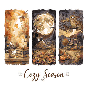 Autumn watercolor triptych illustration with cozy fall scenes and seasonal elements