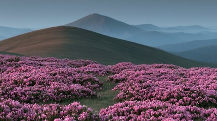Obraz premium Blooming rhododendron shrubs in dense pink clusters across rolling Carpathian mountain hills at dusk, glowing under a soft amber haze for nature and summer flora landscapes
