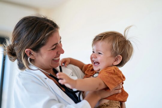 Smiling woman doctor in a light blue coat holding a laughing baby, with a stethoscope and warm luminous lighting for pediatric care and health clinic marketing