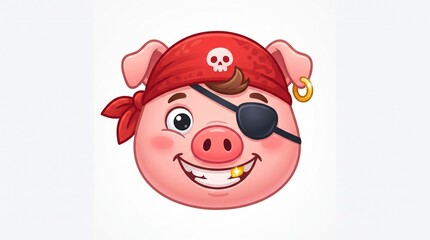 Naklejka premium Cute cartoon pirate pig head with red bandana, eyepatch and gold tooth, vector illustration on white background