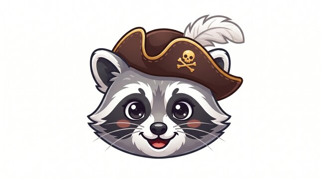 Cute cartoon pirate raccoon head with tricorn hat and white feather, vector illustration on white background