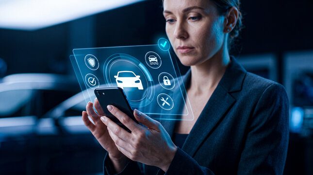 Woman using a smartphone to interact with a futuristic car insurance interface, displaying coverage and protection options for vehicle security.