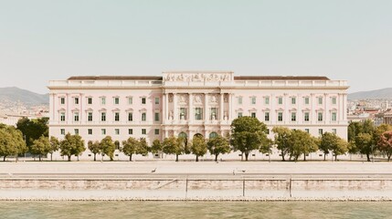 Obraz premium Neoclassical palace with a pink glow and carved facade facing a stone river embankment, featuring a calm summer atmosphere for travel and heritage content