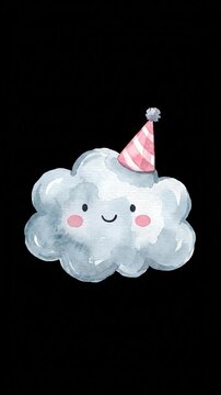 Cute watercolor smiling cloud wearing pink striped party hat on black background