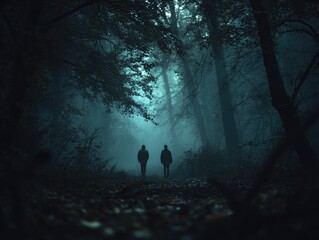 Fototapeta premium Two people walking in dark forest 3.