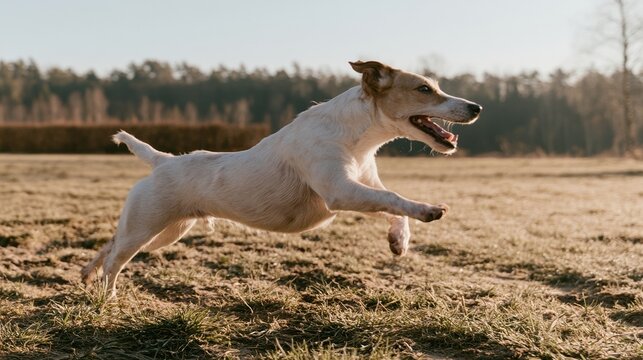 Jack Russell Terrier leaping mid-air during a fast gallop across a sunny park lawn, joyful and dynamic for pet exercise and outdoor lifestyle