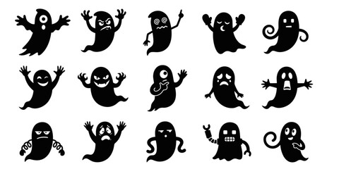 Fototapeta premium A diverse collection of spooky black ghost silhouettes showcasing various cartoon expressions and playful poses perfect for creating fun halloween themed designs