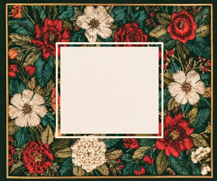 Embroidered floral textile with a dense Dia de Muertos pattern and a central white square frame for copy space, featuring rich tactile stitching for artisan branding