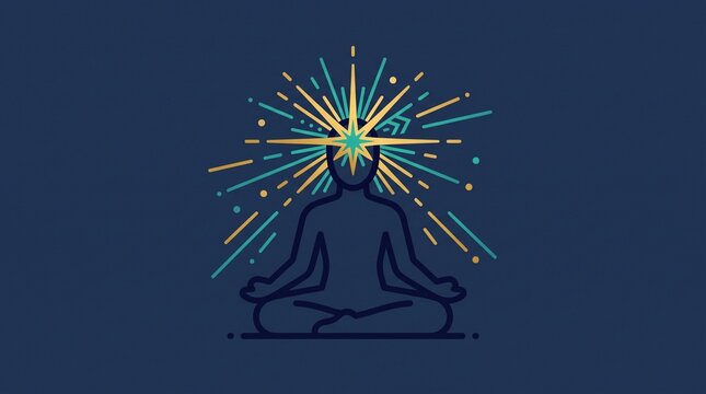 Stylized minimalist illustration of a meditating figure with a glowing third-eye star awakening aura on a dark blue background