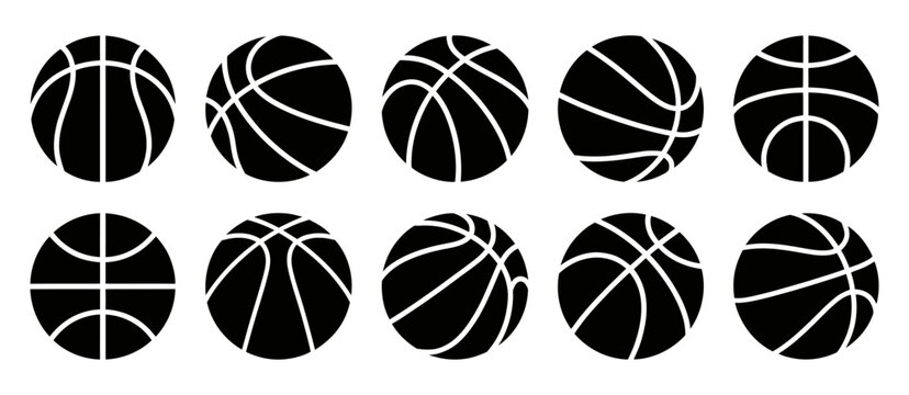 basketball sports balls set in different angles, flat black vector illustration