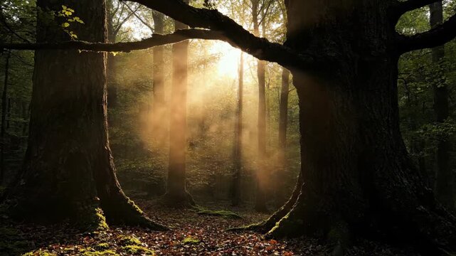 Golden sunlight rays streaming through ancient forest trees
