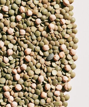 Mixed dried pulses with split peas, lentils, and chickpeas, featuring matte tactile textures and soft daylight for plant based packaging and menu backgrounds
