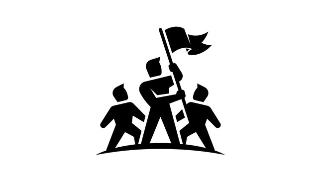 Business team reaching goal illustration. Leaders holding victory flag on mountain summit. Corporate success concept. Black silhouette vector icon of workers conquering peak together.