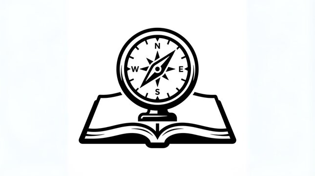 Compass on open book vector illustration, monochrome navigation and literature symbol, black and white outline, knowledge and exploration concept, logo graphic design element