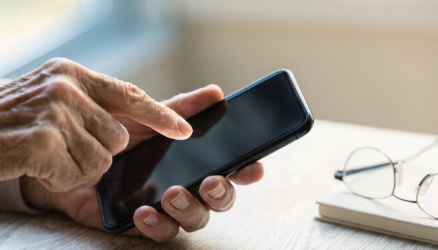 Senior hand smartphone touch screen technology old hand mobile phone close up digital communication concept elderly person using gadget modern lifestyle at home